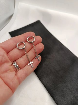 Pendientes Aro Cadena Cruz Acero Inoxidable
