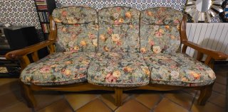 Conjunto rústico sofá, 2 sillones y mesa madera