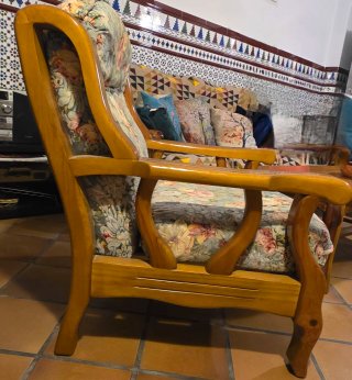 Conjunto rústico sofá, 2 sillones y mesa madera