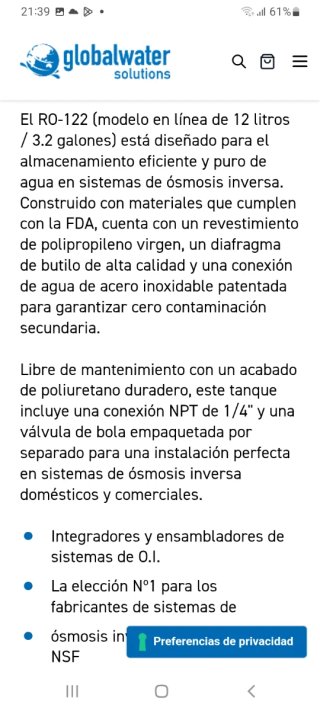 Depósito Agua Ósmosis Inversa RO-122
