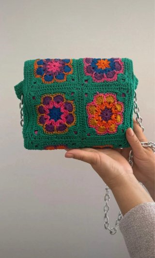 Borsa uncinetto handmade verde fiori multicolor