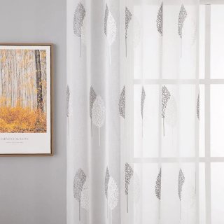 Cortinas bordado Hojas Blanco Gris 245x140