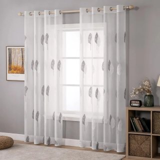 Cortinas bordado Hojas Blanco Gris 245x140