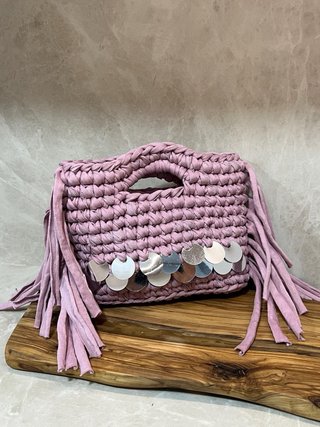 Bolso Crochet Rosa Flecos Lentejuelas