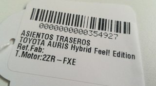 Toyota 354927 asientos traseros auris