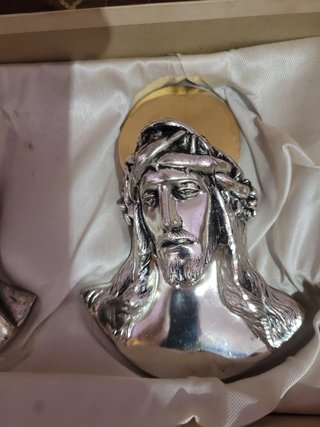 Figuras religiosas metal antiguas en su caja origi