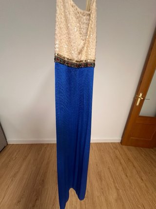 Vestido largo de fiesta en azul eléctrico y crema