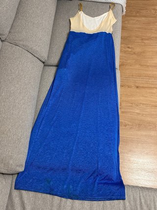 Vestido largo de fiesta en azul eléctrico y crema