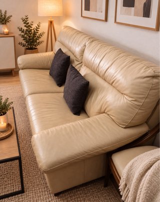 Sofá 3 y  2 plazas. Sofás de piel beige. Salón tv