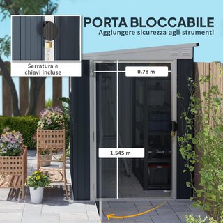 Caseta De Jardín 2.6M² De Acero Galvanizado Con 2 Rejillas De Ventilación Y Ventana Transparente, Cobertizo Para Herramientas Con Techo Inclinado, Puerta Bloqueable, Impermeable Y Anti UV, Gris Oscuro