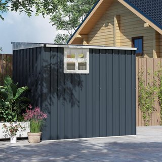 Caseta De Jardín 2.6M² De Acero Galvanizado Con 2 Rejillas De Ventilación Y Ventana Transparente, Cobertizo Para Herramientas Con Techo Inclinado, Puerta Bloqueable, Impermeable Y Anti UV, Gris Oscuro