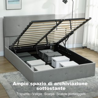 Estructura de Cama Matrimonial 140X190 Cm, Cama Matrimonial con Contenedor, Cabecera Acolchada con Tapicería de Terciopelo, Pistón de Gas, Base de Listones de Madera, Silenciosa, Montaje Fácil, Gris
