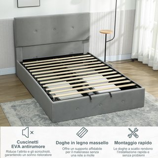 Estructura de Cama Matrimonial 140X190 Cm, Cama Matrimonial con Contenedor, Cabecera Acolchada con Tapicería de Terciopelo, Pistón de Gas, Base de Listones de Madera, Silenciosa, Montaje Fácil, Gris