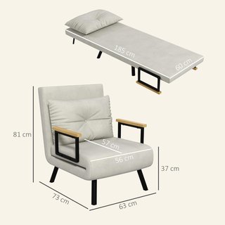 Sillón Cama 4 en 1, Sillón Plegable con Respaldo Ajustable en 5 Posiciones, Sofá Cama con Cojín, Asiento Acolchado, de Terciopelo para Casa y Oficina, 63X73X81 Cm, Blanco Crema