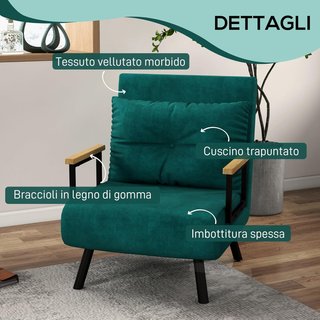 Sillón Cama 4 en 1, Sillón Plegable con Respaldo Regulable en 5 Posiciones, Sofá Cama con Cojín, Asiento Acolchado, de Terciopelo para Casa y Oficina, 63X73X81 Cm, Verde