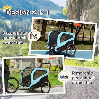 Remolque de Bicicleta para Perros 2 en 1 Con 2 Entradas y Bolsillos, Carrito para Perros 30Kg Máx en Acero y Tela Oxford, Azul