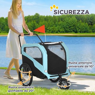 Remolque de Bicicleta para Perros 2 en 1 Con 2 Entradas y Bolsillos, Carrito para Perros 30Kg Máx en Acero y Tela Oxford, Azul