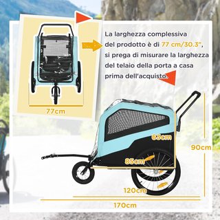 Remolque de Bicicleta para Perros 2 en 1 Con 2 Entradas y Bolsillos, Carrito para Perros 30Kg Máx en Acero y Tela Oxford, Azul