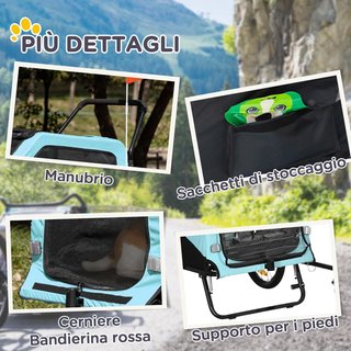 Remolque de Bicicleta para Perros 2 en 1 Con 2 Entradas y Bolsillos, Carrito para Perros 30Kg Máx en Acero y Tela Oxford, Azul