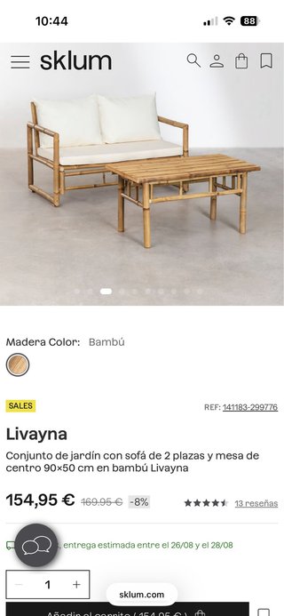 Conjunto sofá y mesa exterior bambú