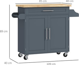 Carro De Cocina Multiusos Con Cajón, Ruedas, Porta Especias Y Armario, Mueble De Cocina Con Estante Regulable, Porta Toallas Y Tablero De Madera De Caucho, 109X40X89 Cm, Gris