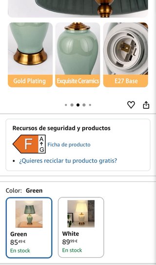 Lámpara cerámica verde jade base dorada