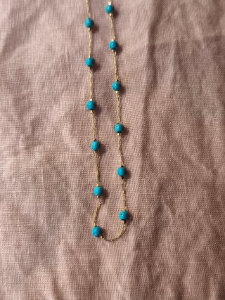 Collar vintage cadena dor. y turquesa 80cm. Acero.