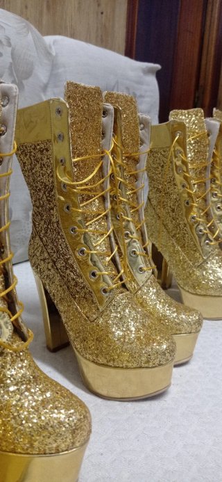 Botines Dorados Brillantes Tacon Plataforma