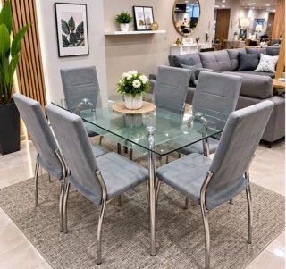 Comedor cristal 6 sillas tapizadas gris