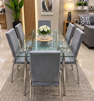 Comedor cristal 6 sillas tapizadas gris