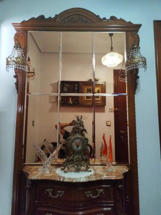 Mueble recibidor antiguo madera y mármol + espejo