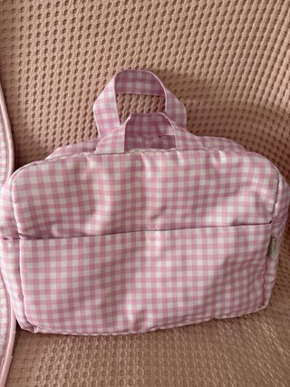 Bolso y colchoneta carrito bebé cuadros rosa