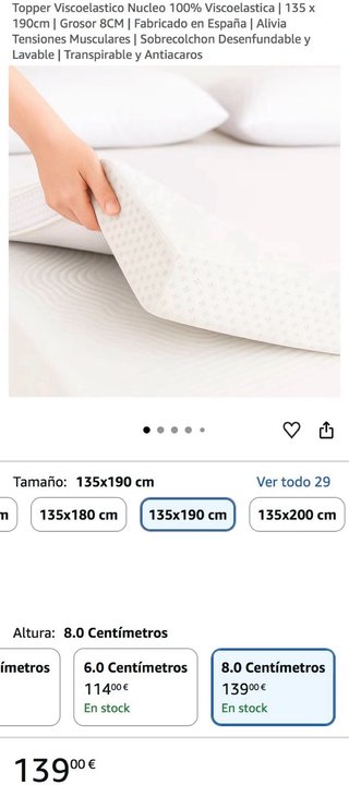 Topper Viscoelástico 135x190cm Grosor 8cm