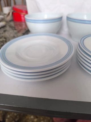 Vajilla tipo arcopal blanca con una linea azul