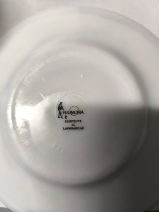 Vajilla tipo arcopal blanca con una linea azul