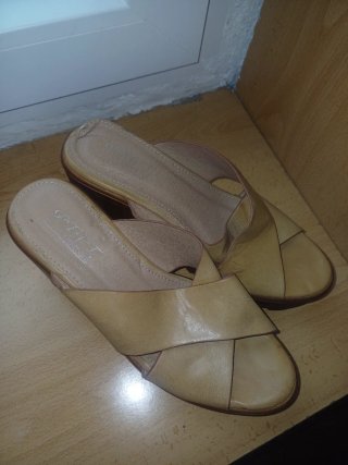 Zapatos tipo clogs beige y marrón