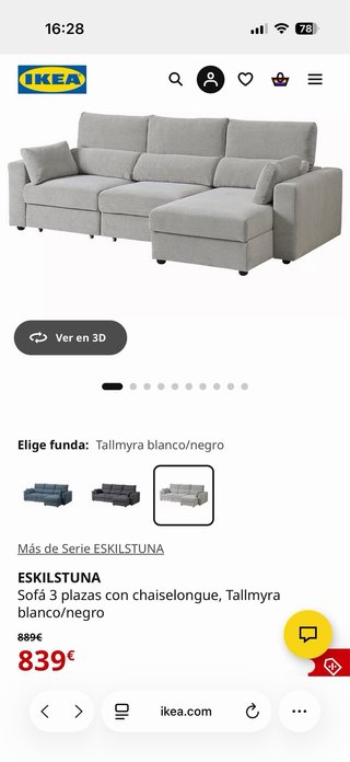 Sofá 3 plazas chaiselongue gris