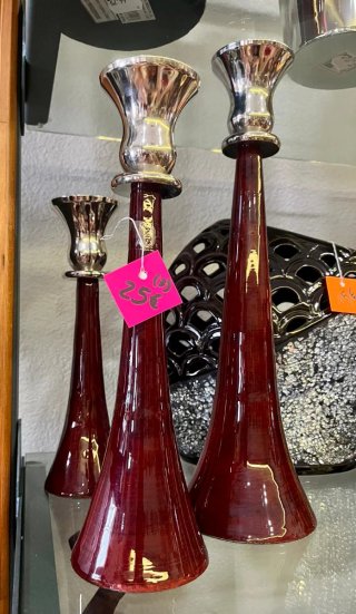 3 Candelabros Cerámica Rojo y Plata