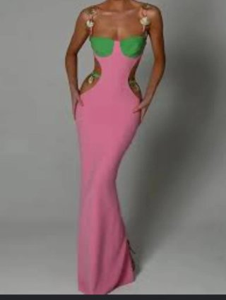 Vestido Largo Cut-Out Rosa y Verde Premium