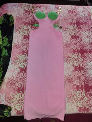 Vestido Largo Cut-Out Rosa y Verde Premium