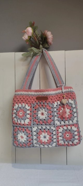 Bolso de ganchillo mujer gris y rosa 20x17x7 cm