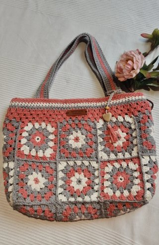 Bolso de ganchillo mujer gris y rosa 20x17x7 cm