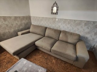 Sofá chaise longue long modular beige de tela