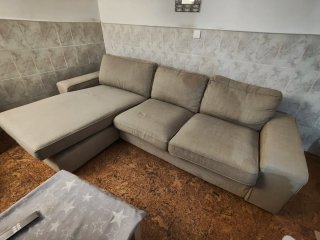 Sofá chaise longue long modular beige de tela
