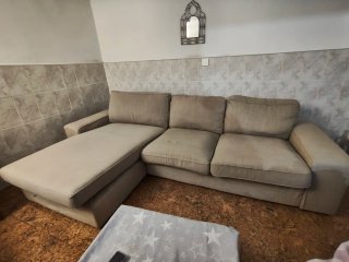 Sofá chaise longue long modular beige de tela