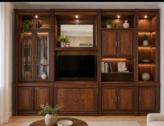 Mueble de salón de madera y cristal