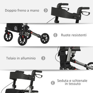 Andador Plegable para Ancianos con Altura Ajustable, Andador con Asiento, 4 Ruedas, Frenos Dobles y Bolsa de Almacenamiento, Andador para Ancianos y Discapacitados en Aluminio, Negro