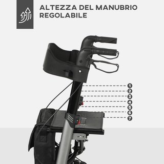 Andador Plegable para Ancianos con Altura Ajustable, Andador con Asiento, 4 Ruedas, Frenos Dobles y Bolsa de Almacenamiento, Andador para Ancianos y Discapacitados en Aluminio, Negro