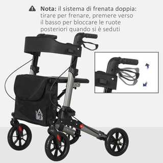 Andador Plegable para Ancianos con Altura Ajustable, Andador con Asiento, 4 Ruedas, Frenos Dobles y Bolsa de Almacenamiento, Andador para Ancianos y Discapacitados en Aluminio, Negro