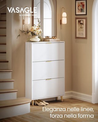 Colección MAXE - Zapatero con 3 Compartmentes, Mueble Portazapatos Estrecho Autoportante para Entrada, con Puertas Ranuradas, para 18-24 Pares, Estilo Moderno de Mediados de Siglo, Blanco Nublado ...